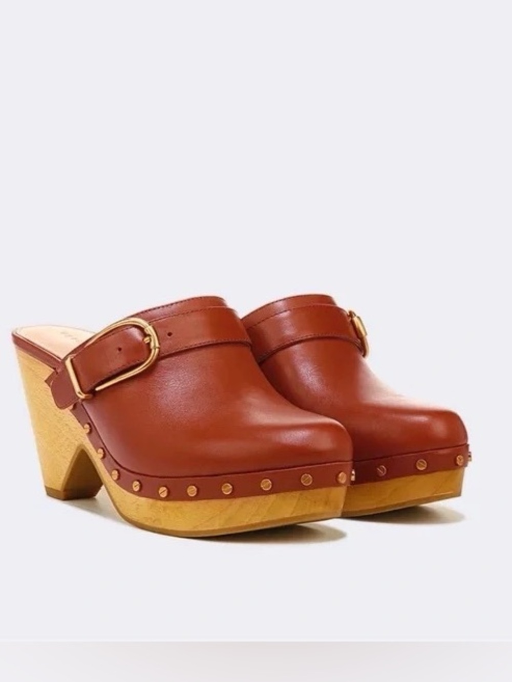 Veronica Beard Hendrix Leather Buckle Clogs Wood Platform Cognac Brown Sz 10